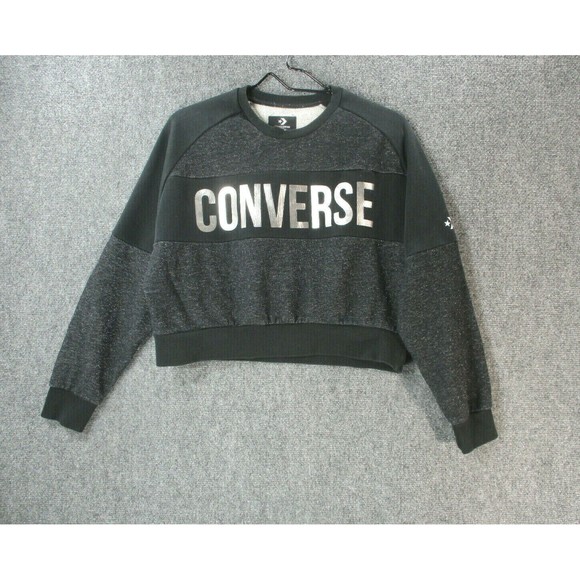 Converse Crop Sweatshirt Womens Small *Flaw Black Silver Foil Block Letter Logo - Picture 1 of 11